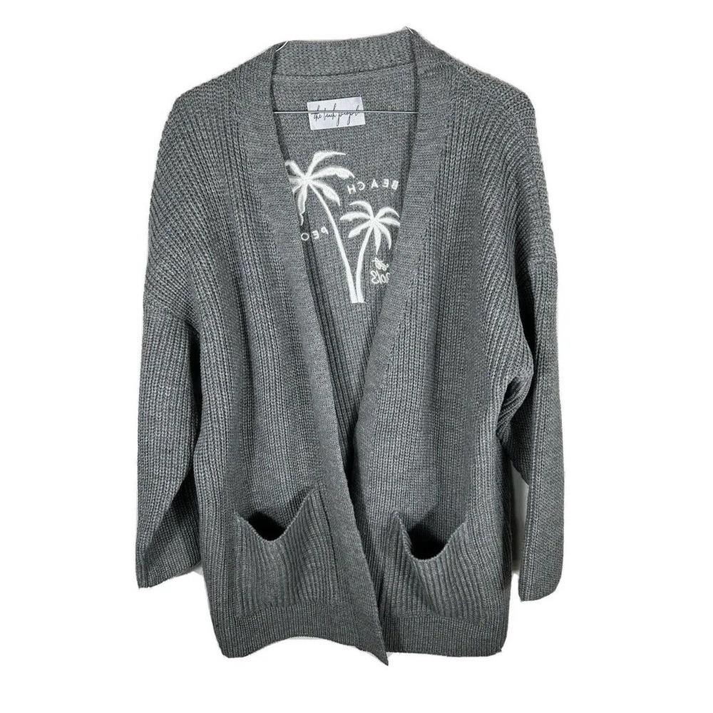 The Beach People Embroidered Cardigan Sweater Palm Trees Pockets Size M/L